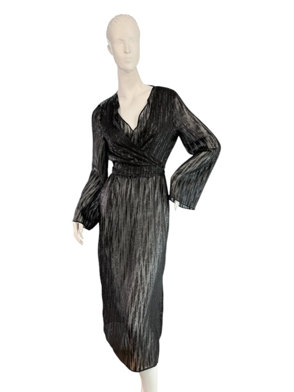 Armani Exchange A/X Sheer Metallic Black Faux Wrap Midi Dress Long Sleeve Size M